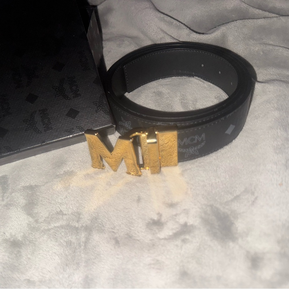 MCM Black Leather Belt with Gold Logo Buckle